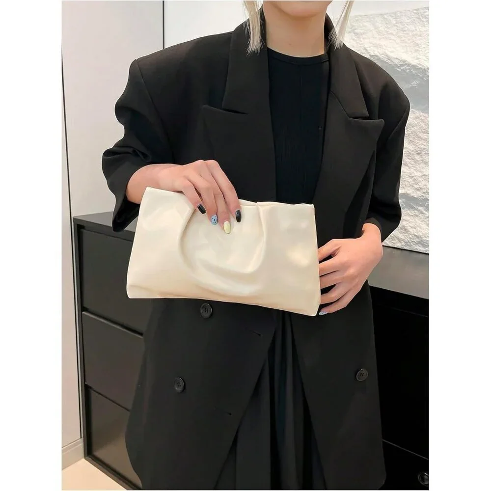 Women's Beige PU Leather Small Zipper Ruched Minimalist Smooth Casual Handbag